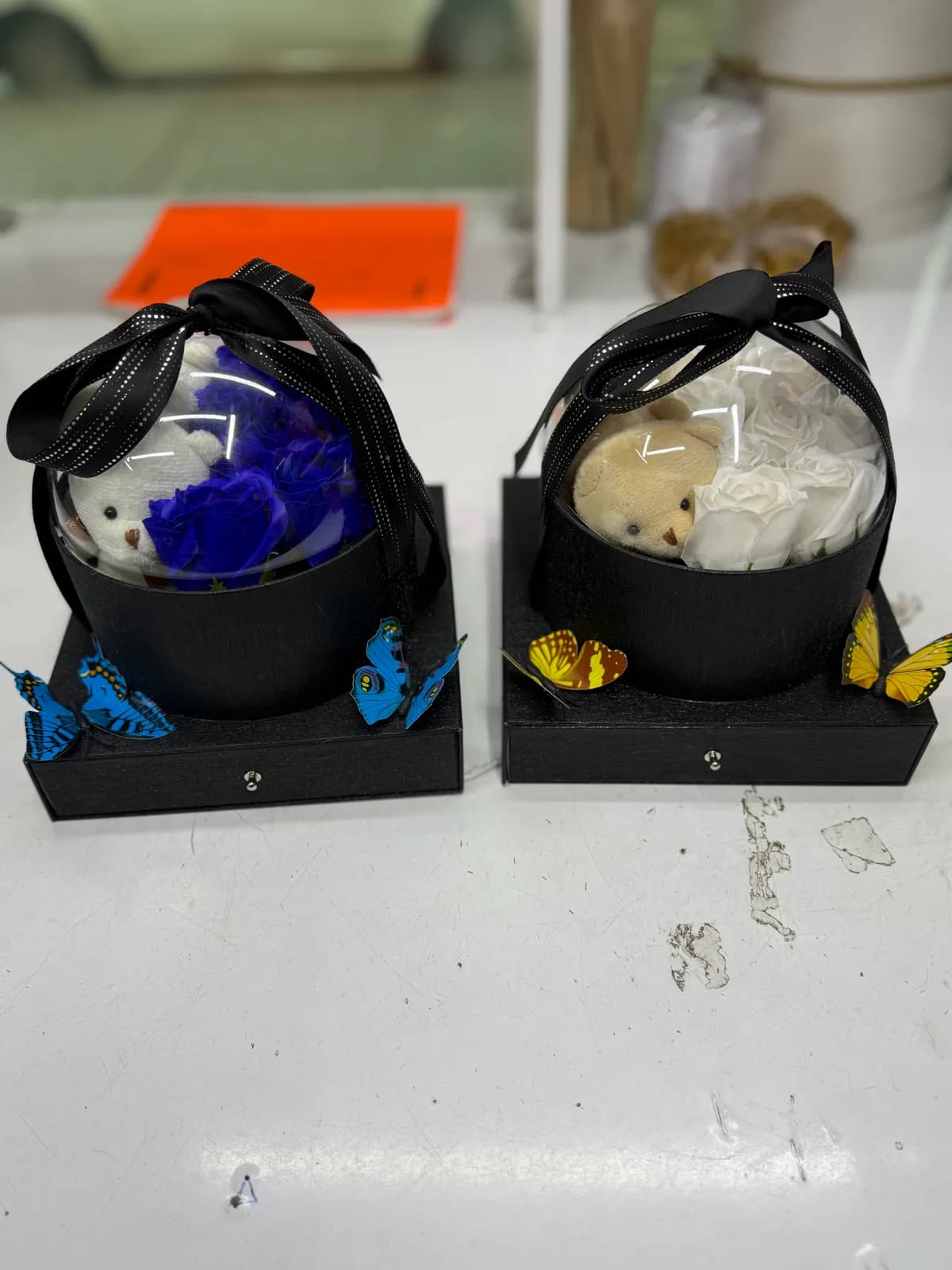 Yuvarlak Fanus Kutuda Ayıcık ve Güller